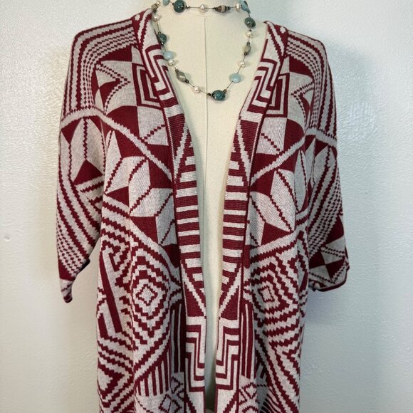 Peruvian Connection Red Aztec Open Cardigan Sweater Sz Medium Pima Cotton Boho - Picture 2 of 14